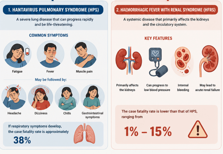 Infographic showing the two serious diseases caused by hantavirus: Hantavirus Pulmonary Syndrome (HPS) with symptoms and 38% case fatality rate, and Haemorrhagic Fever with Renal Syndrome (HFRS) with key features and 1-15% case fatality rate